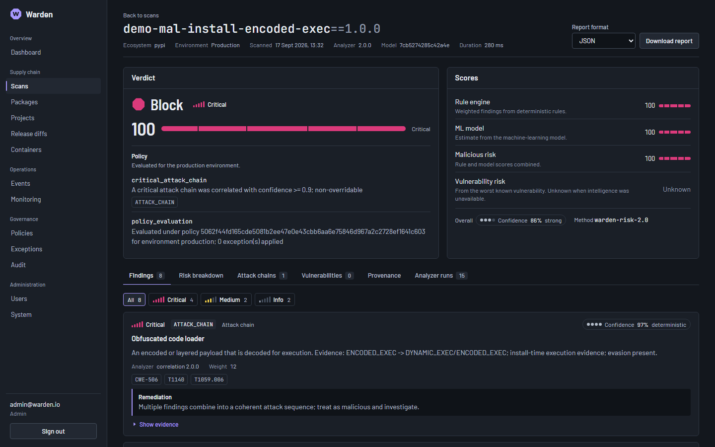 Scan detail: a blocked package with its risk scores, policy reasons and the correlated attack chain